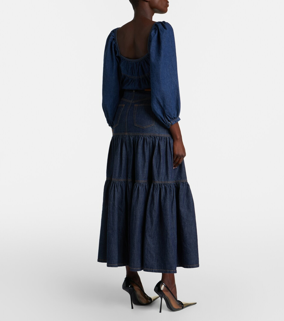 Saint Laurent Tiered denim maxi skirt