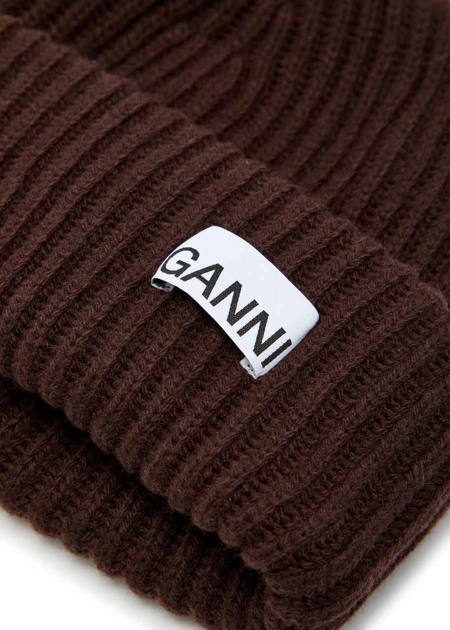 Ganni Logo-appliquéd Ribbed Wool-blend Beanie - Brown - One Size