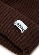 Ganni Logo-appliquéd Ribbed Wool-blend Beanie - Brown - One Size