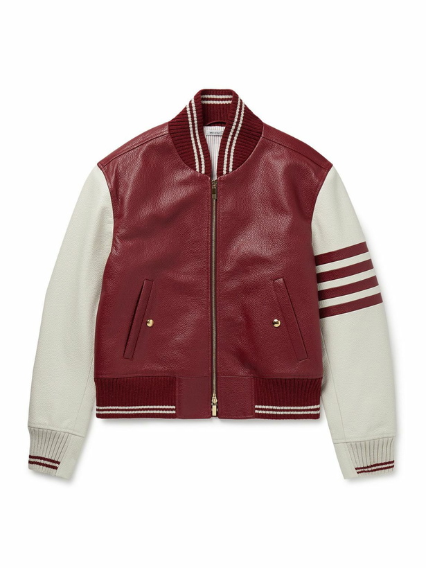 Photo: Thom Browne - Striped Full-Grain Leather Bomber Jacket - Burgundy