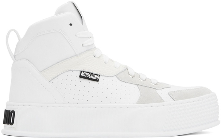 Photo: Moschino White Bumps & Stripes High-Top Sneakers