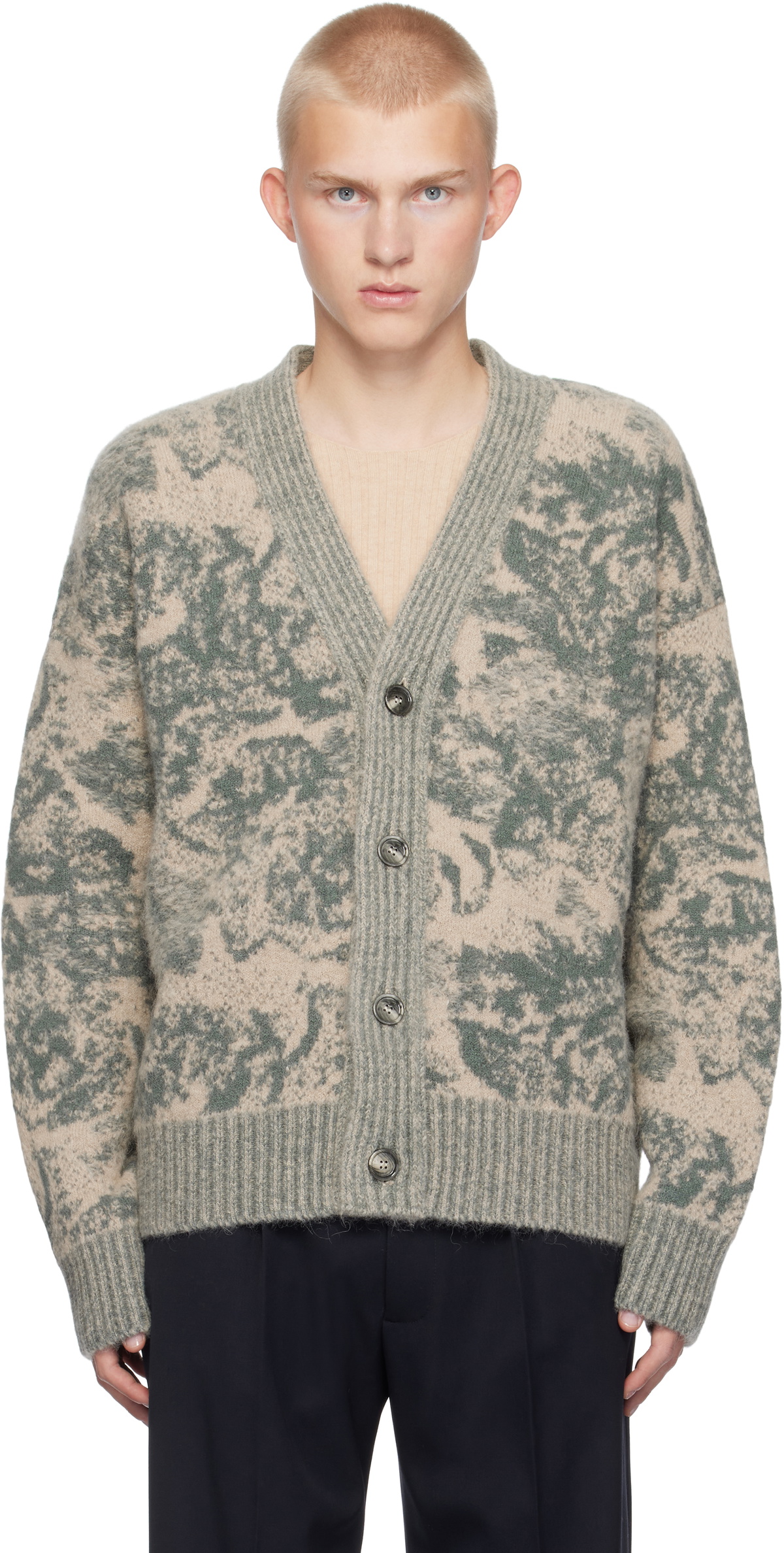 AMI Paris Beige & Green Alpaca Mohair Jacquard Cardigan AMI