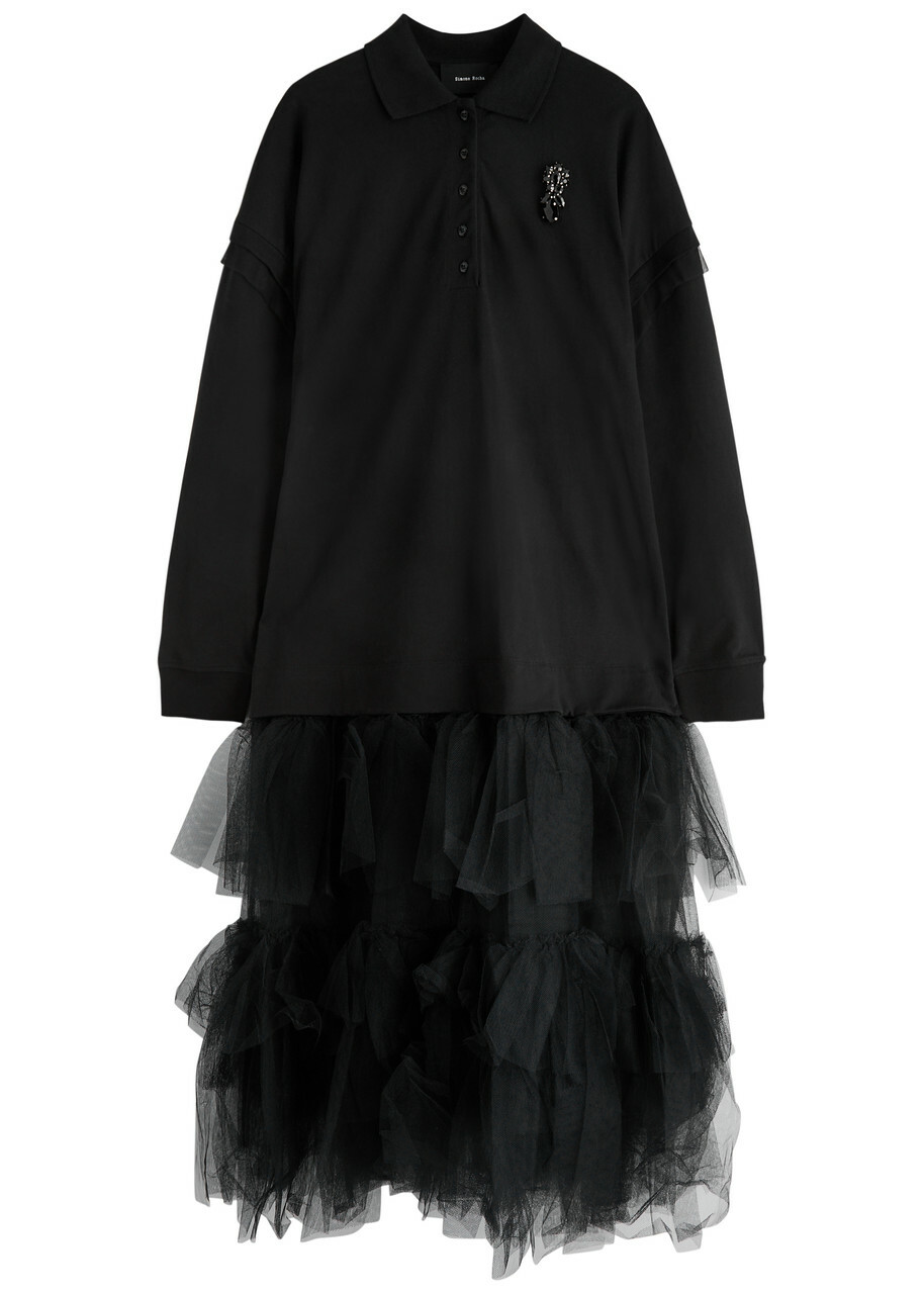 Simone Rocha Layered Ruffled Tulle and Cotton Midi Dress Black
