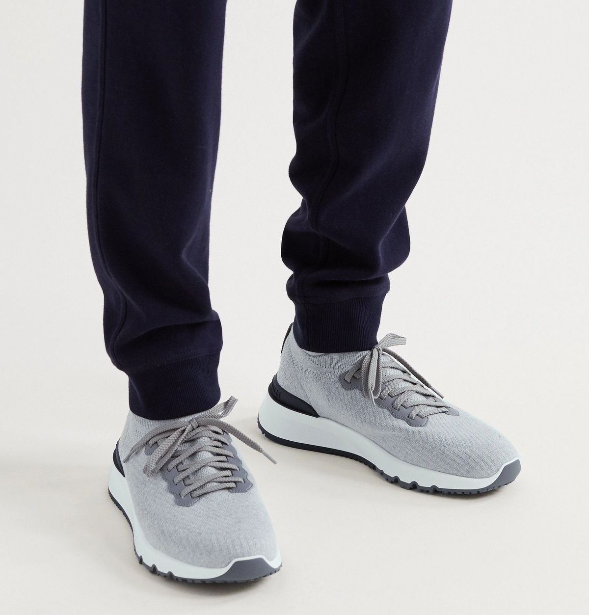 Brunello Cucinelli - Leather-Trimmed Stretch-Knit Sneakers