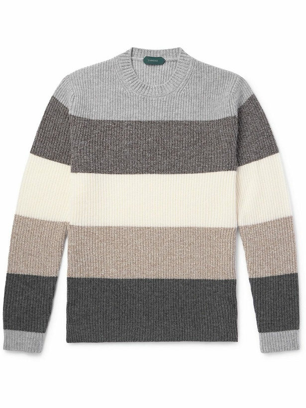 Photo: Incotex - Striped Ribbed Wool Sweater - Gray