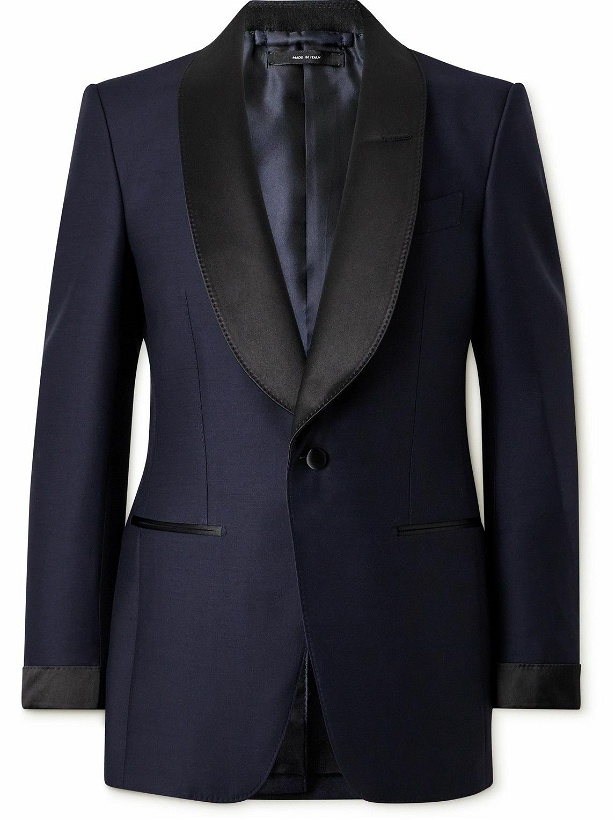 Photo: TOM FORD - Sim-Fit Shawl-Collar Satin-Trimmed Wool and Silk-Blend Tuxedo Jacket - Blue