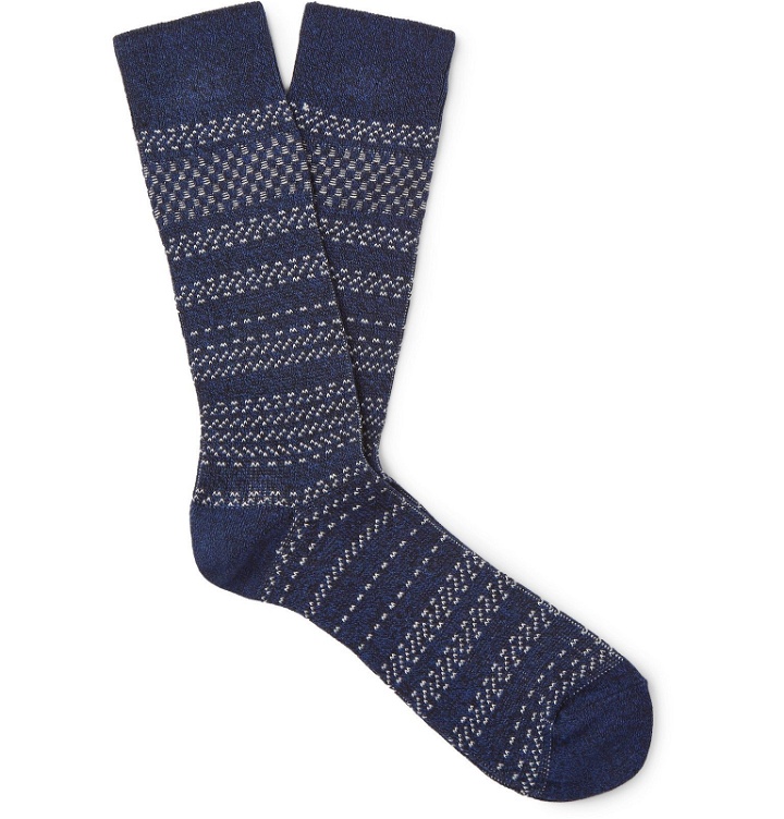 Photo: N/A - Four Striped Stretch Cotton-Blend Socks - Blue