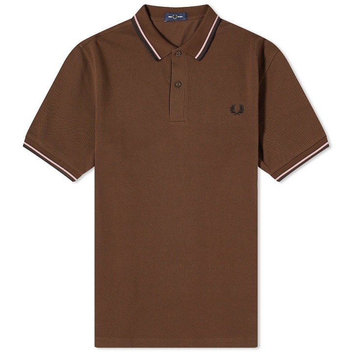 Photo: Fred Perry Men's Twin Tipped Polo Shirt in Burnt Tobacco/Dark Pink/Black
