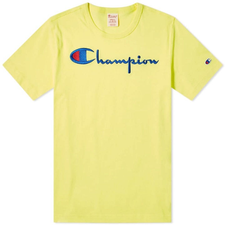 Photo: Champion Reverse Weave Script Logo Tee Yellow