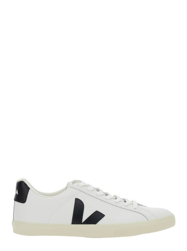 Photo: Veja esplar White Low Top Sneakers With Contrasting Heel With Logo Lettering And Logo Patch On The Side In Leather Unisex