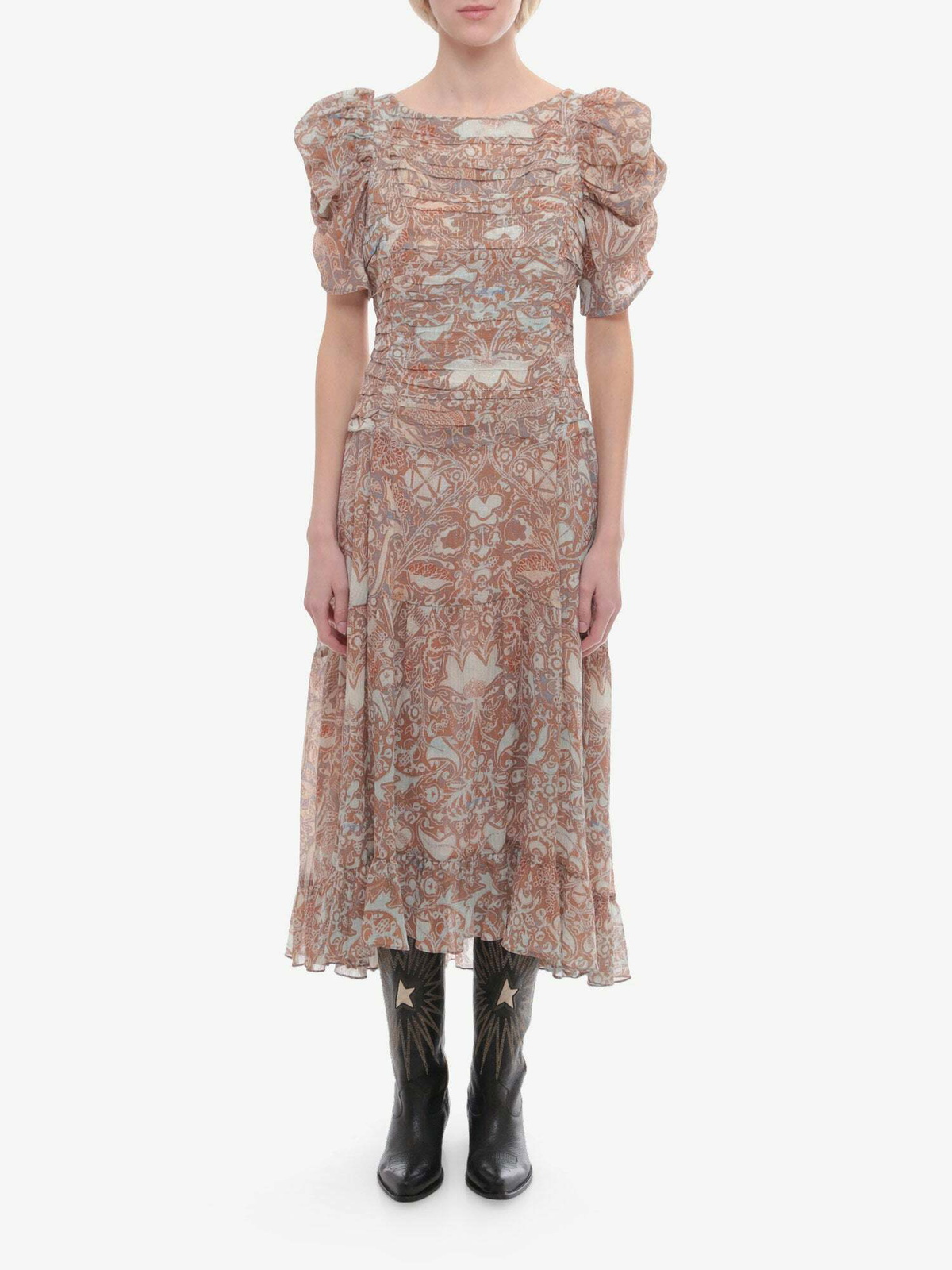 blue dress for baby girl Ulla Johnson Cara Ruffled Midi Dress Beige Metallic Printed Chiffon Si –  Celebrity Owned