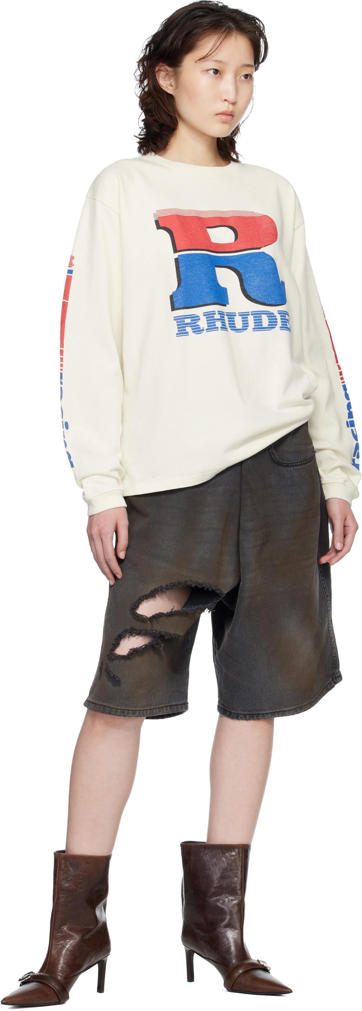 Rhude Off-White Split Petrol Logo LS T-shirt