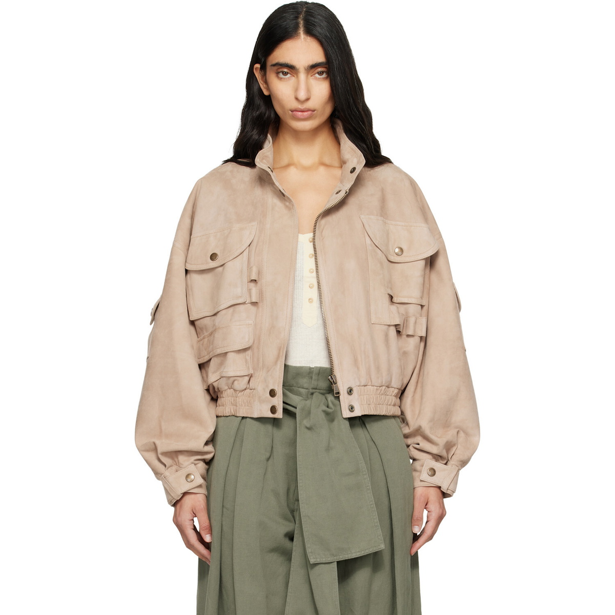 BALMAIN Beige Suede Bomber Jacket
