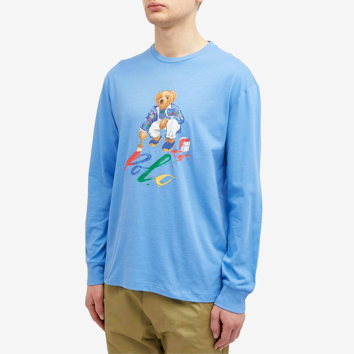 Polo Ralph Lauren Men's Long Sleeve Painting Bear T-Shirt in Summer Blue