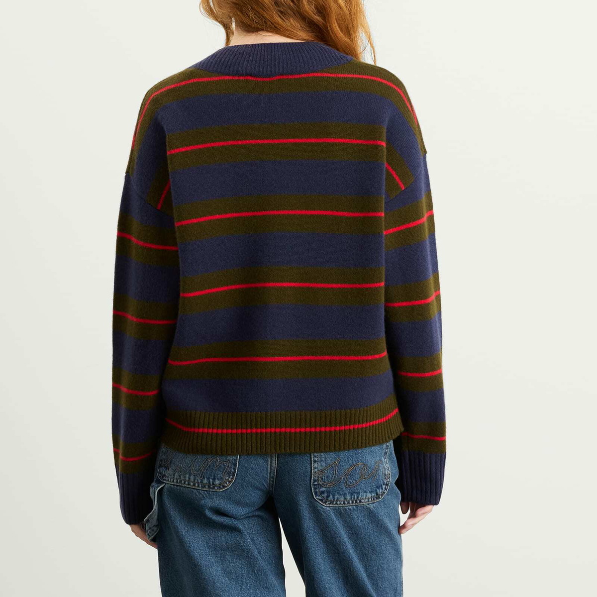 Damson Madder Women's Odette V-Neck Stripe Jumper in Olve