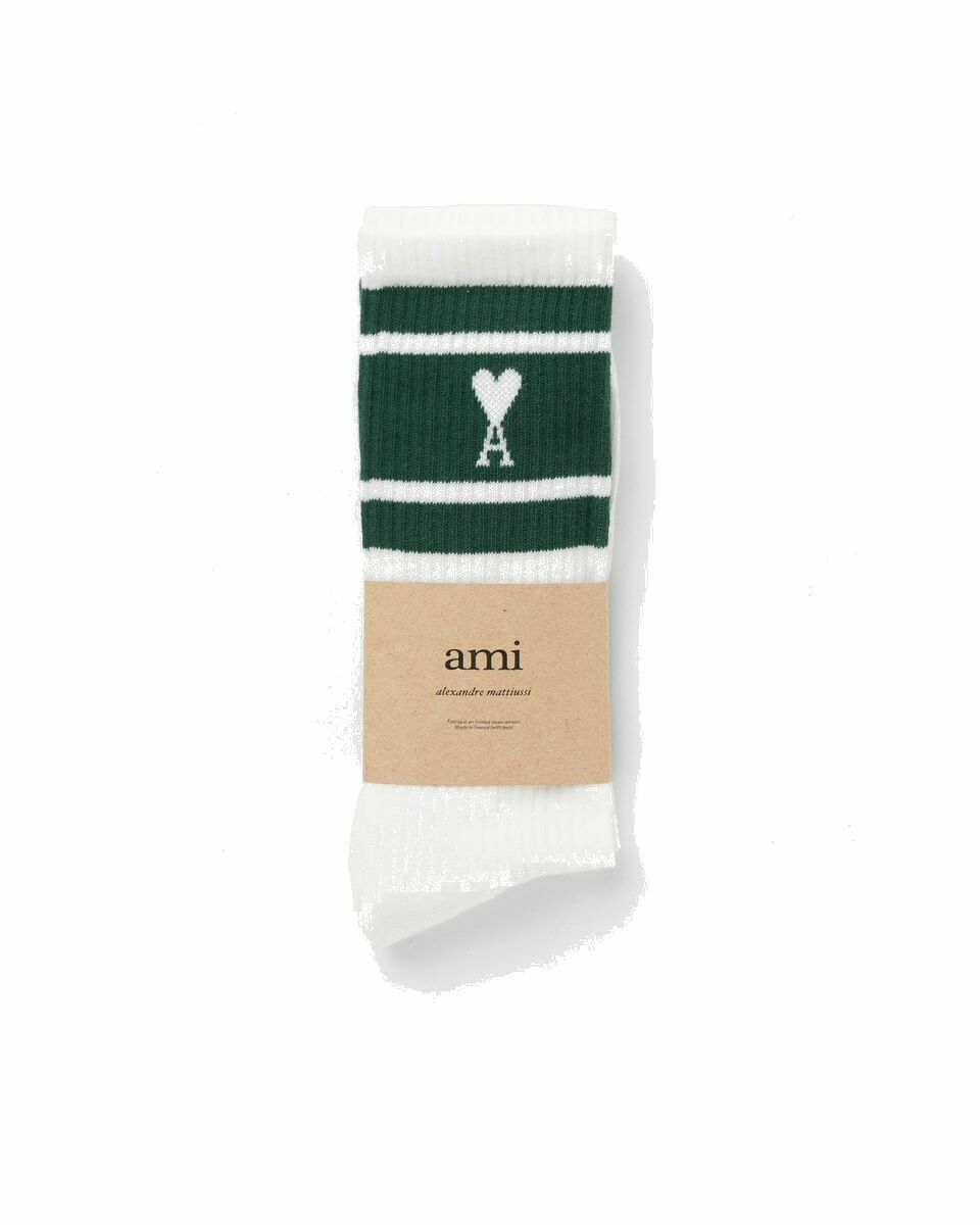 Photo: Ami Paris Ami De Coeur Striped Socks Green/White - Mens - Socks