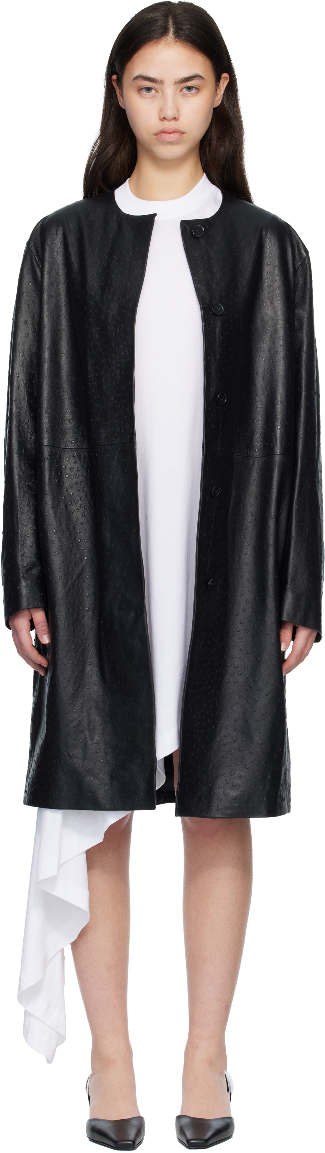 Loulou de Saison Black YARI Ostrich-Effect Leather Coat