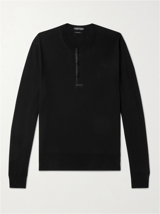 Photo: TOM FORD - Slim-Fit Satin-Trimmed Ribbed Cotton and Silk-Blend Henley T-Shirt - Black