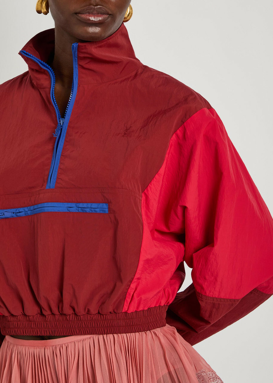 Saint Laurent Colour-blocked Shell Cropped Jacket Dark Red