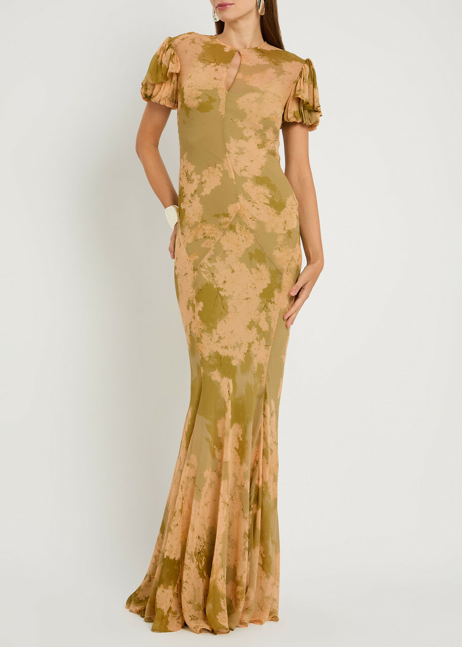 DE LA Vali Sumatra Floral Print Chiffon Maxi Dress Green