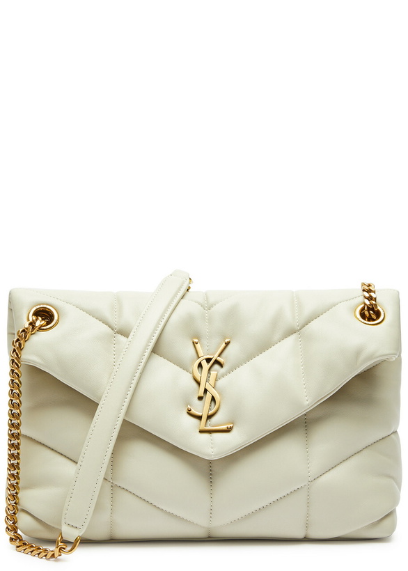 Photo: Saint Laurent - Women's White Quilted Leather Lou Puffer Small Shoulder Bag - Adjustable Chain Strap - One Size