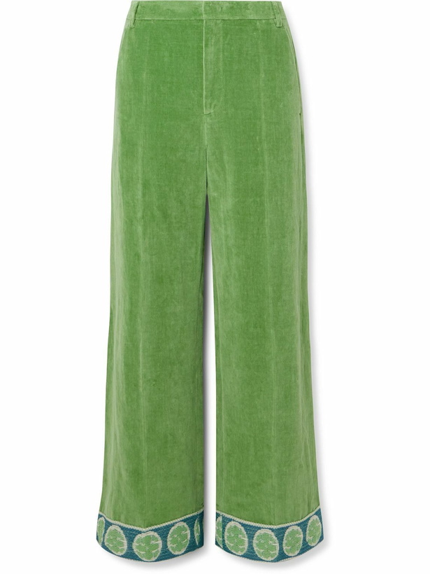 Photo: Valentino Garavani - Flared Jacquard-Trimmed Cotton and Linen-Blend Velvet Trousers - Green