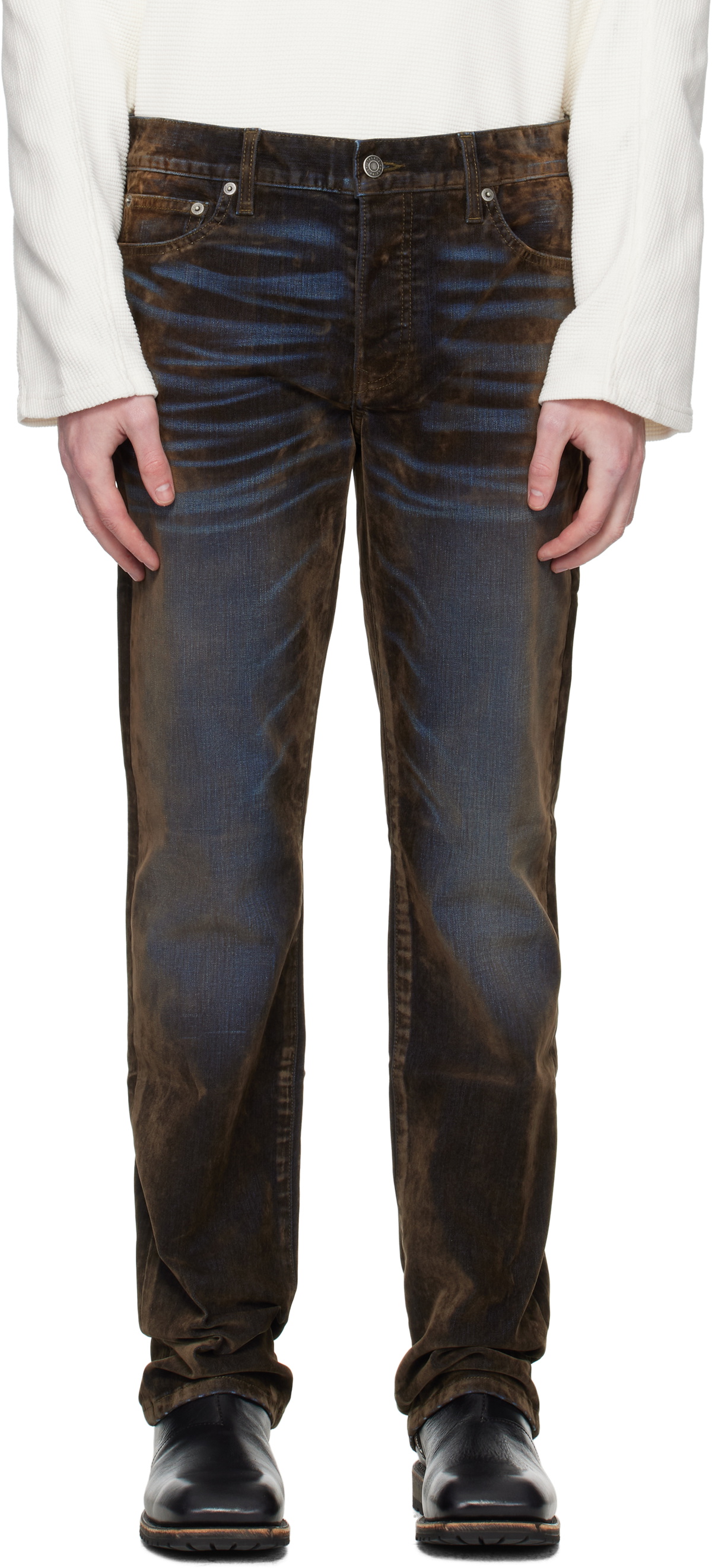 COÛT DE LA LIBERTÉ Blue & Khaki Rafa Stretch Suede Straight Leg Jeans