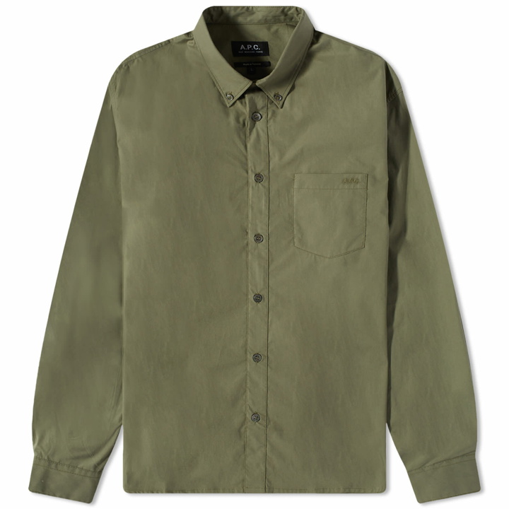 Photo: A.P.C. Men's Eduoard Logo Button Down Shirt in Green