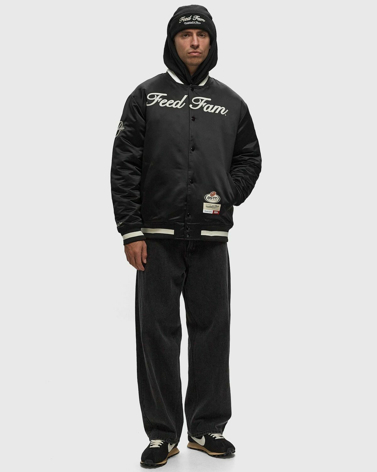 Mitchell & Ness X Bstn X Nfl Munich Game Satin Jacket Black Bomber Jackets/College Jackets