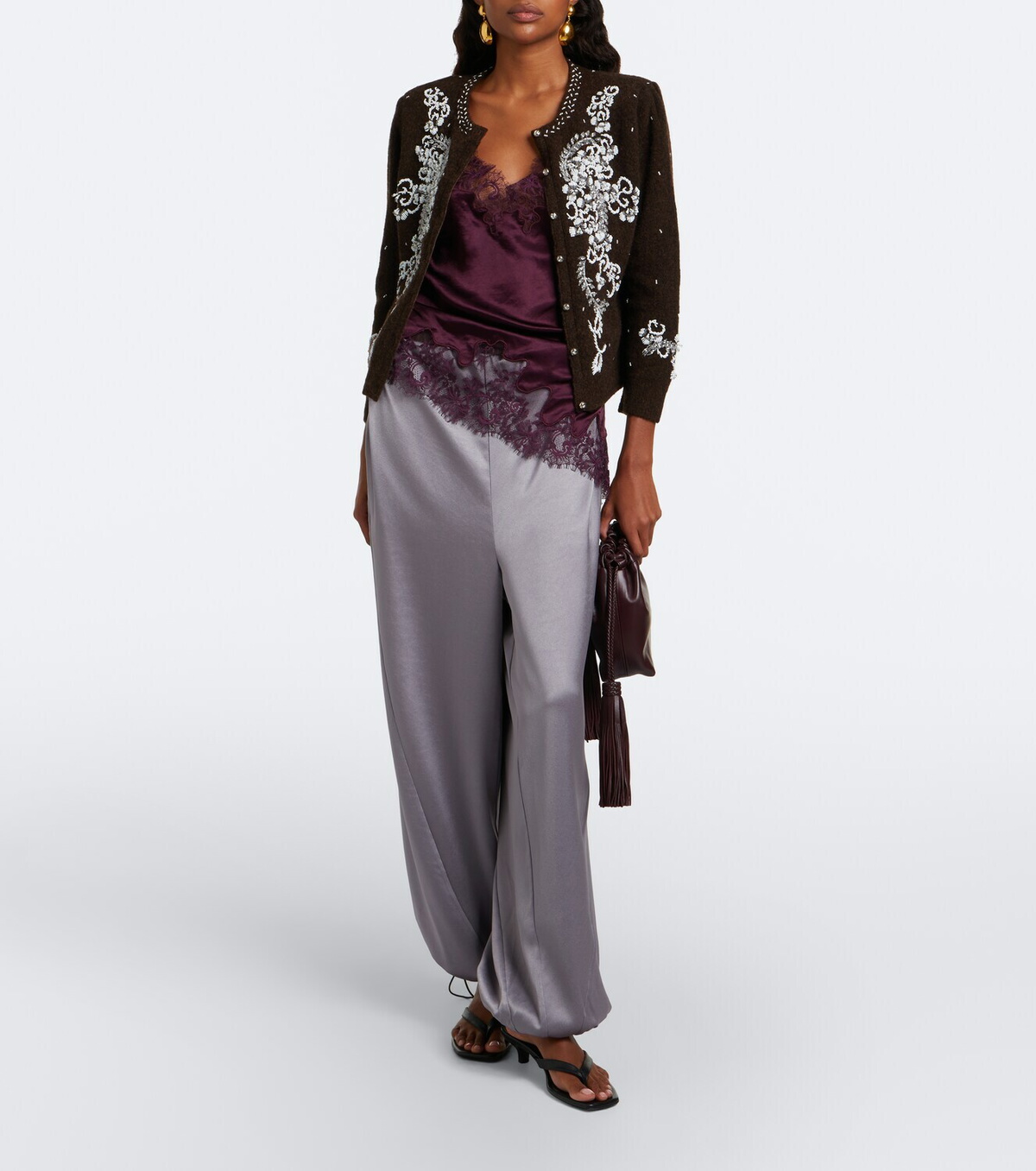 Jacques Wei Leather-trimmed satin wide-leg pants
