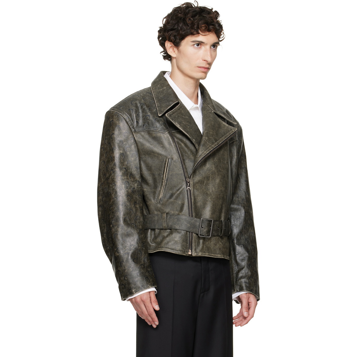 Marine Serre Gray Vintage Moon Leather Biker Jacket