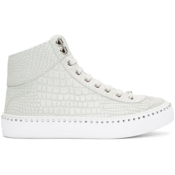 Photo: Jimmy Choo White Croc Crystal Argyle High-Top Sneakers