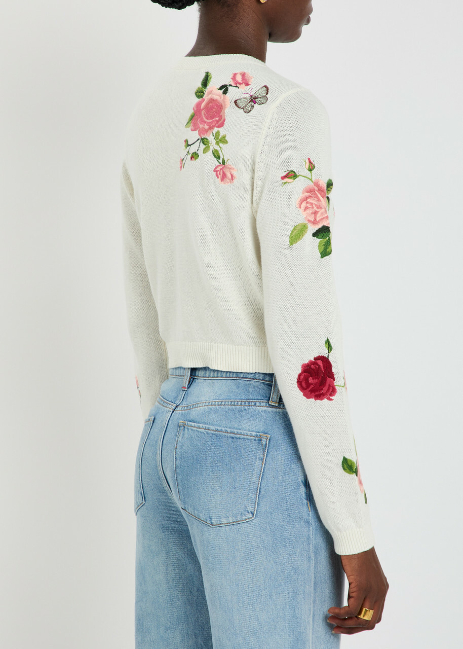 Alice + Olivia Dollie Floral-embroidered Knit Cardigan White