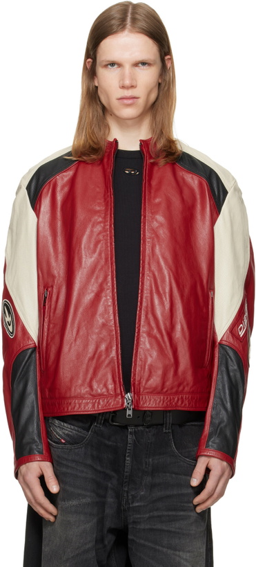 Photo: Diesel Red Colour-Block Perforated Leather Biker Jacket