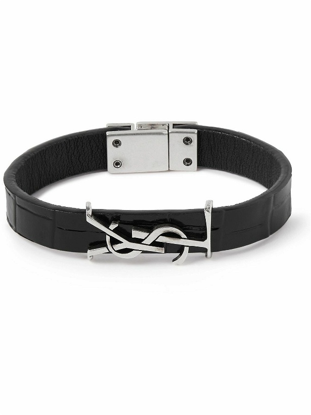 Photo: SAINT LAURENT - Cassandre Croc-Effect Leather and Silver-Tone Bracelet - Black