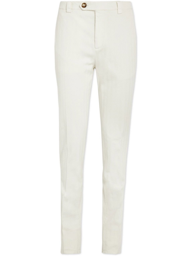 Photo: Brunello Cucinelli - Straight-Leg Herringbone Cotton-Blend Trousers - Neutrals