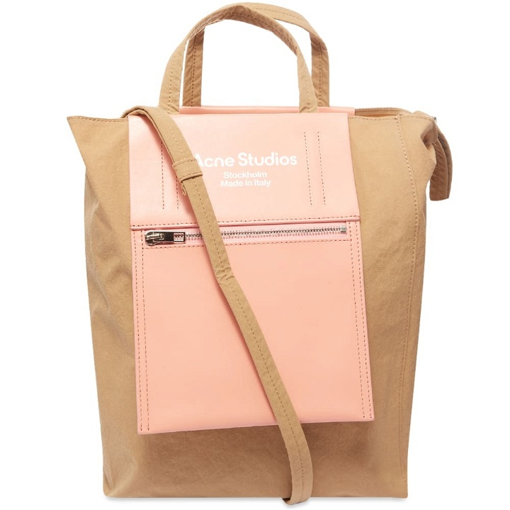 Photo: Acne Studios Baker Out Medium Tote in Brown/Pink