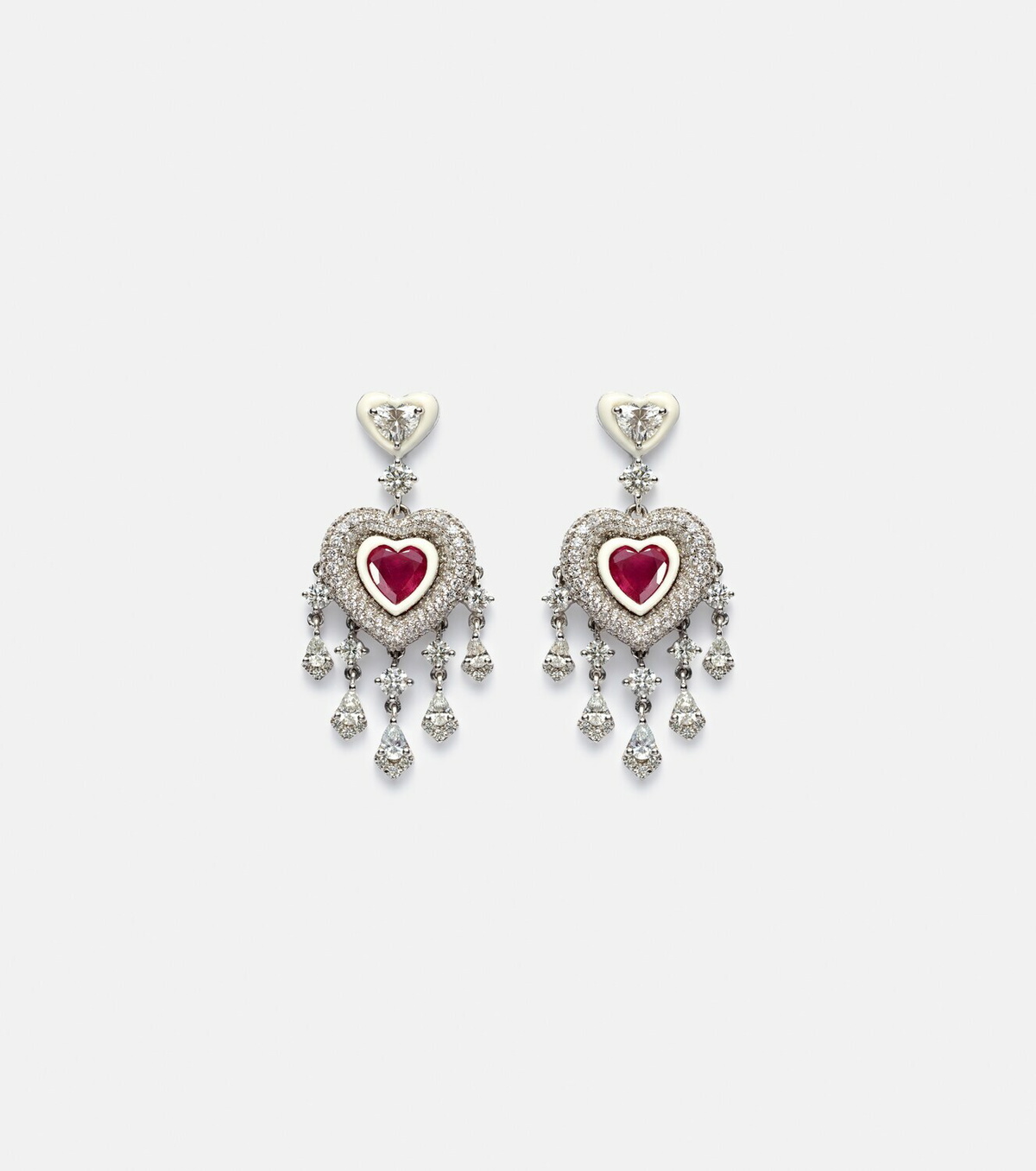 Kamyen Heart 18kt white gold earrings with rubies and diamonds