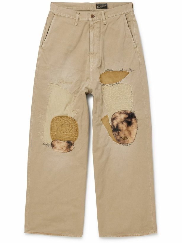 Photo: KAPITAL - Katsuragi Port Straight-Leg Patchwork Distressed Cotton-Twill Trousers - Neutrals
