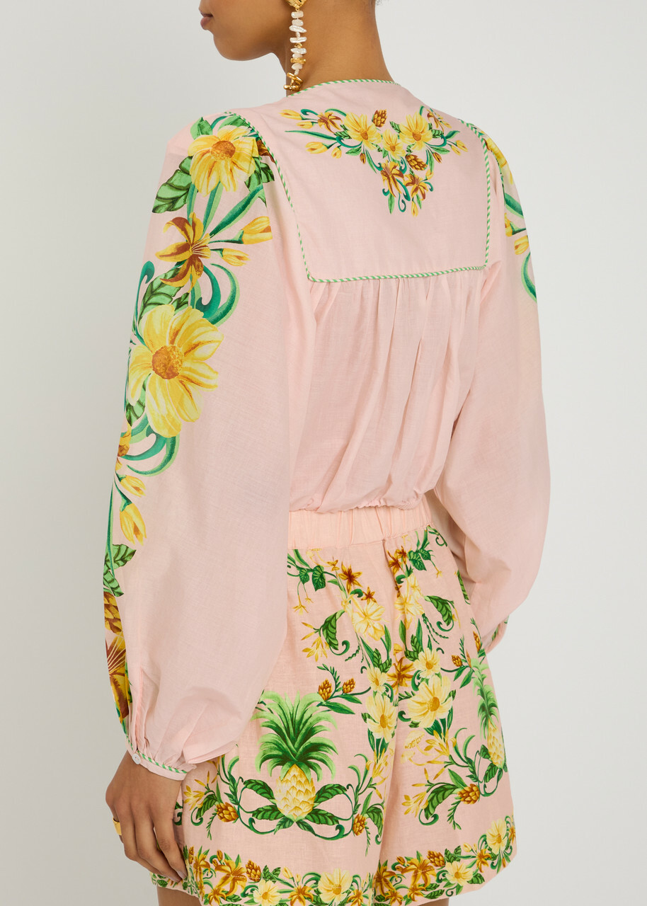 Farm Rio Botanical Floral-print Cotton Blouse Pink