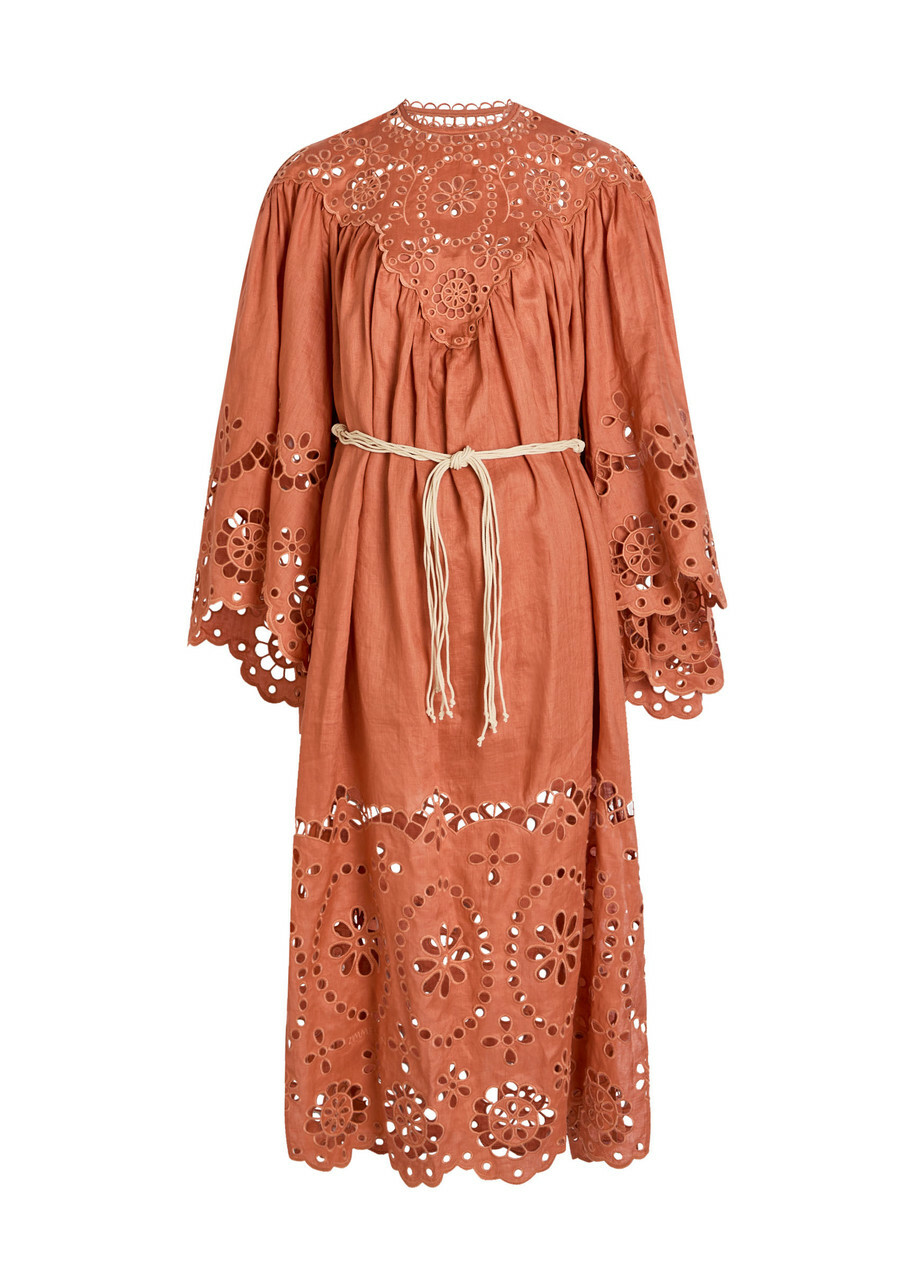 Zimmermann Awaken Embroidered Woven Yoki Maxi Dress Orange