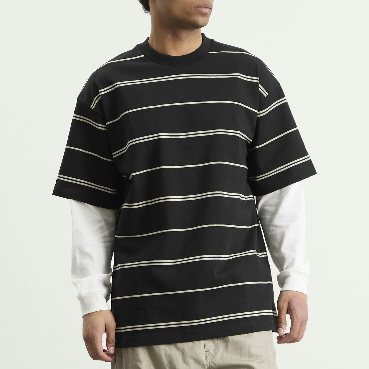 Comme des Garçons Homme Men's Horiztonal Stripe Long Sleeve Top in Black/Grey X Off-White