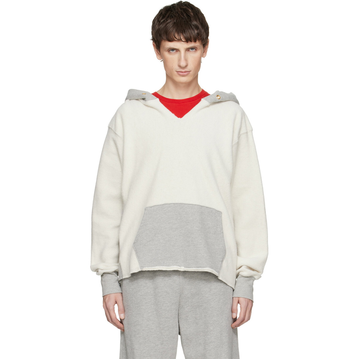 Les Tien White & Gray Heavyweight Inside Out Raw Cropped Hoodie
