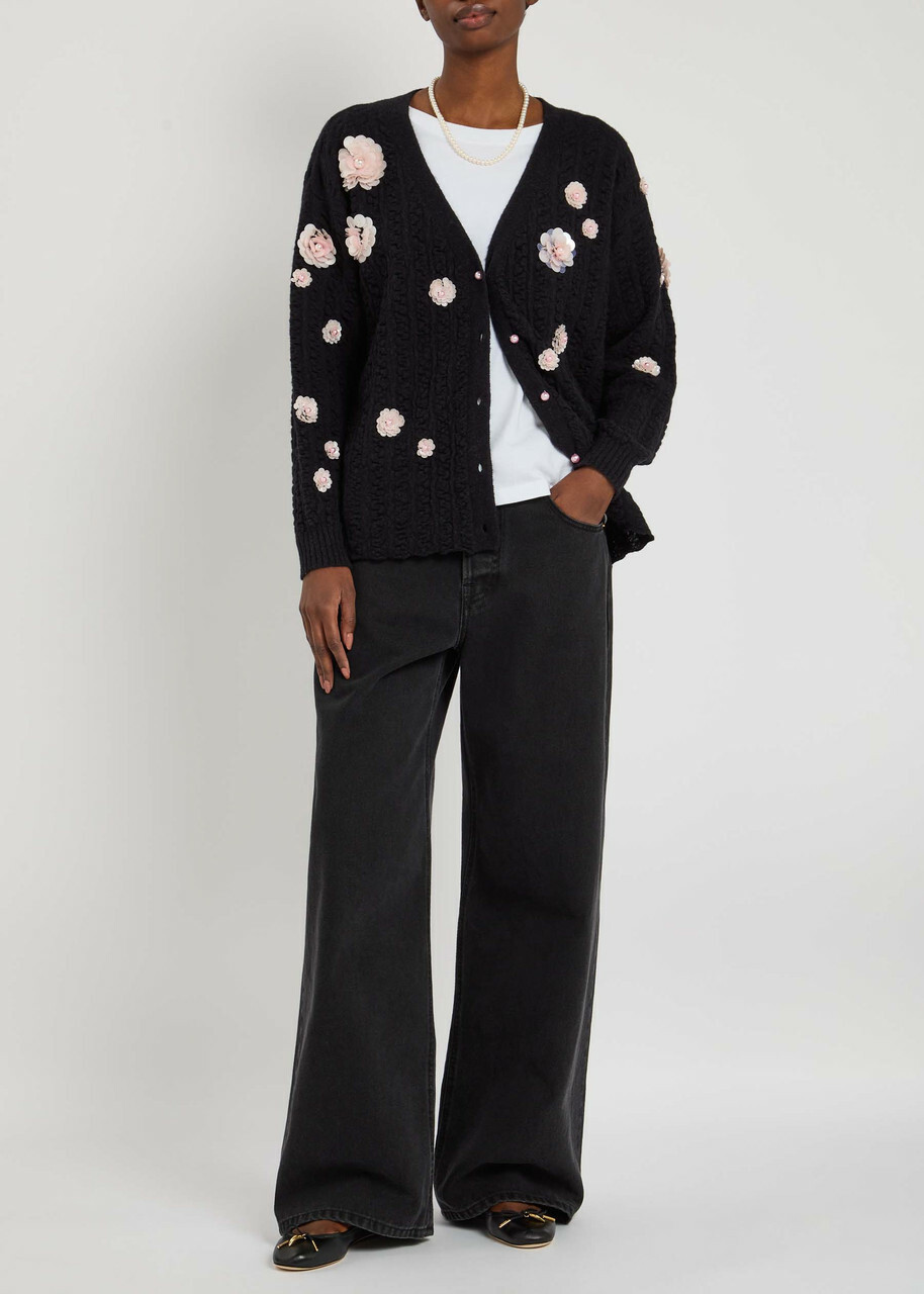 Bernadette Cammi Floral-embellished Wool-blend Cardigan Black