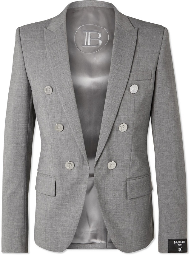 Photo: BALMAIN - Button-Embellished Wool-Blend Blazer - Gray