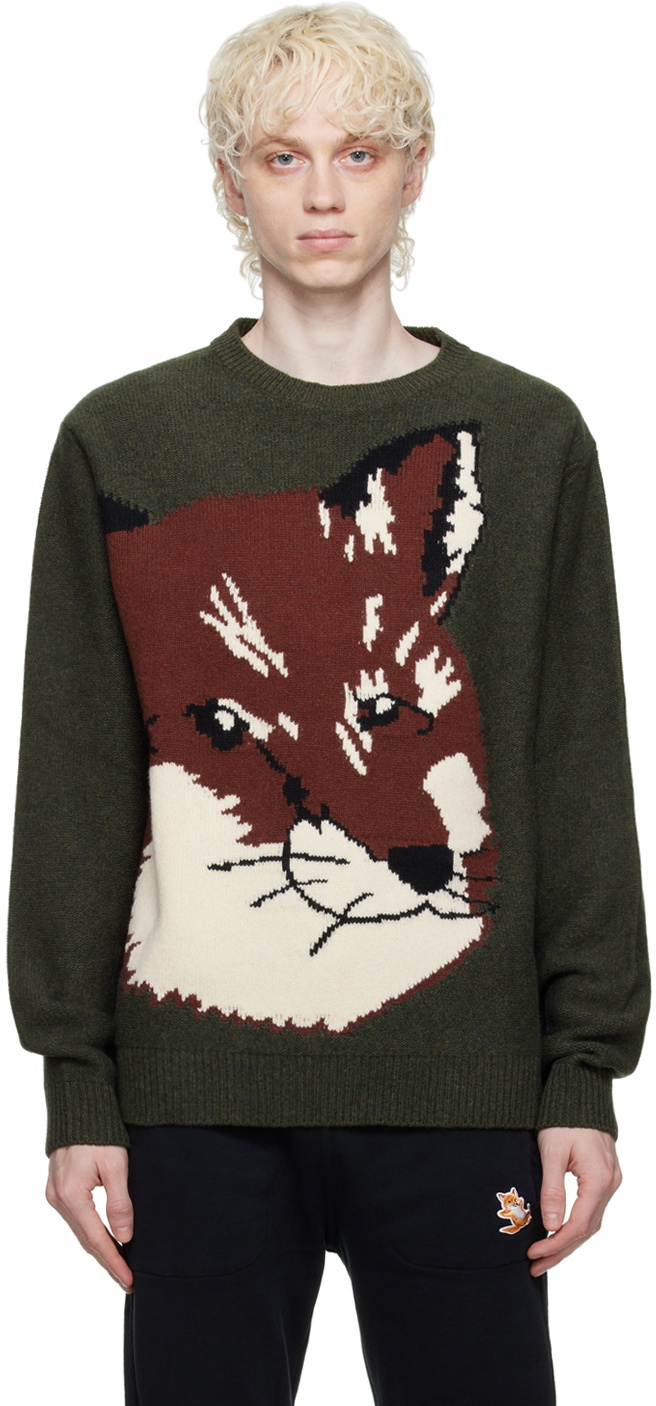 Maison Kitsuné Khaki Oversize Fox Head Sweater Maison Kitsune