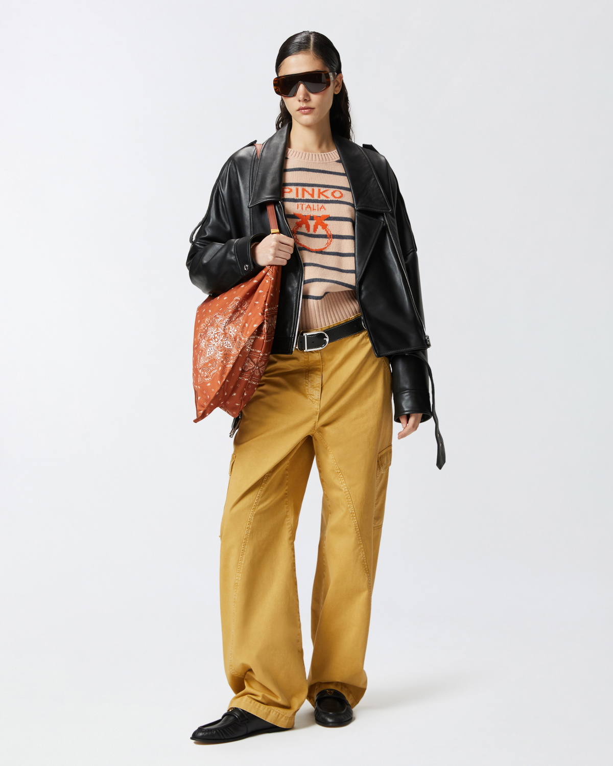 Pinko Striped Sweater With Logo Nude/Grey/Orange