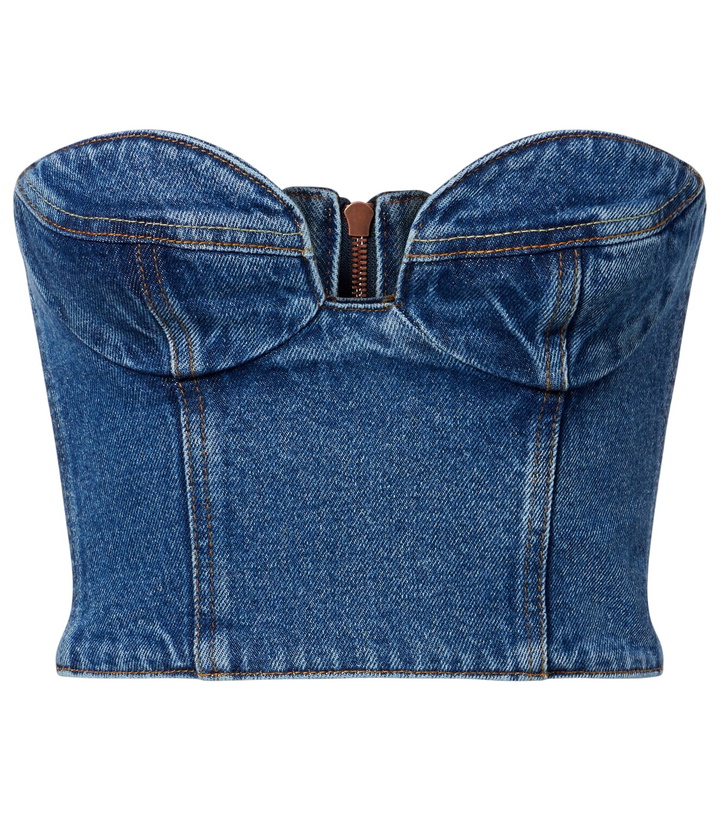 Photo: Magda Butrym Floral-appliqué denim bustier top