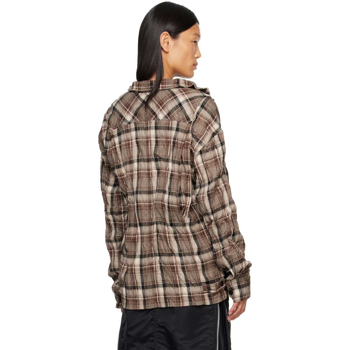 OPEN YY Brown Checkered Crinkle Ruffle Shirt