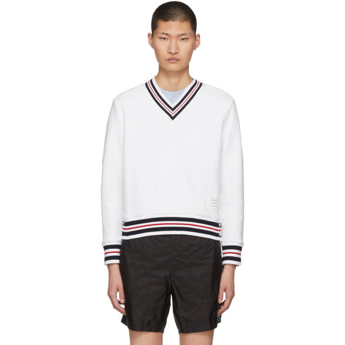 Photo: Thom Browne White Boxy Cricket Stripe V-Neck Sweater